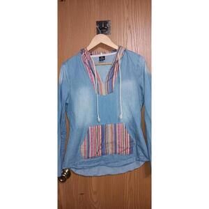 Empyre Denim Hoodie Long Sleeve Shirt Mens Size Medium Boho Design Vneck Hooded